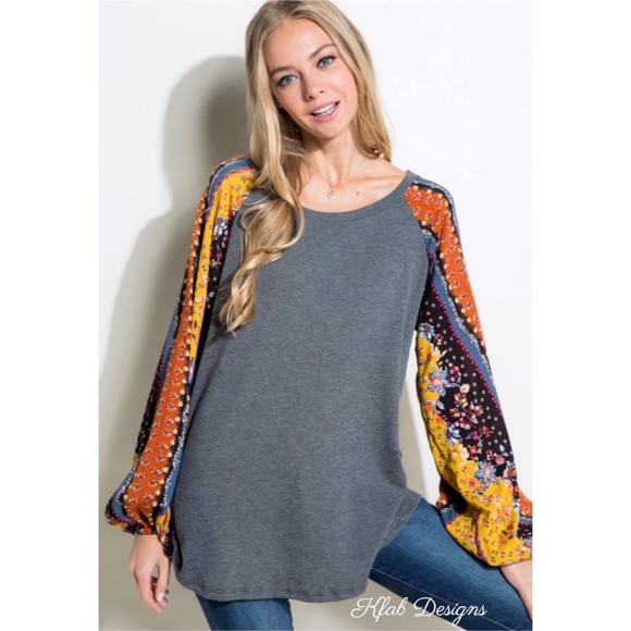 ❤️LAST 1! Boho Floral Mix Puff Sleeve Ribbed Knit Super Soft Top! - Picture 3 of 7